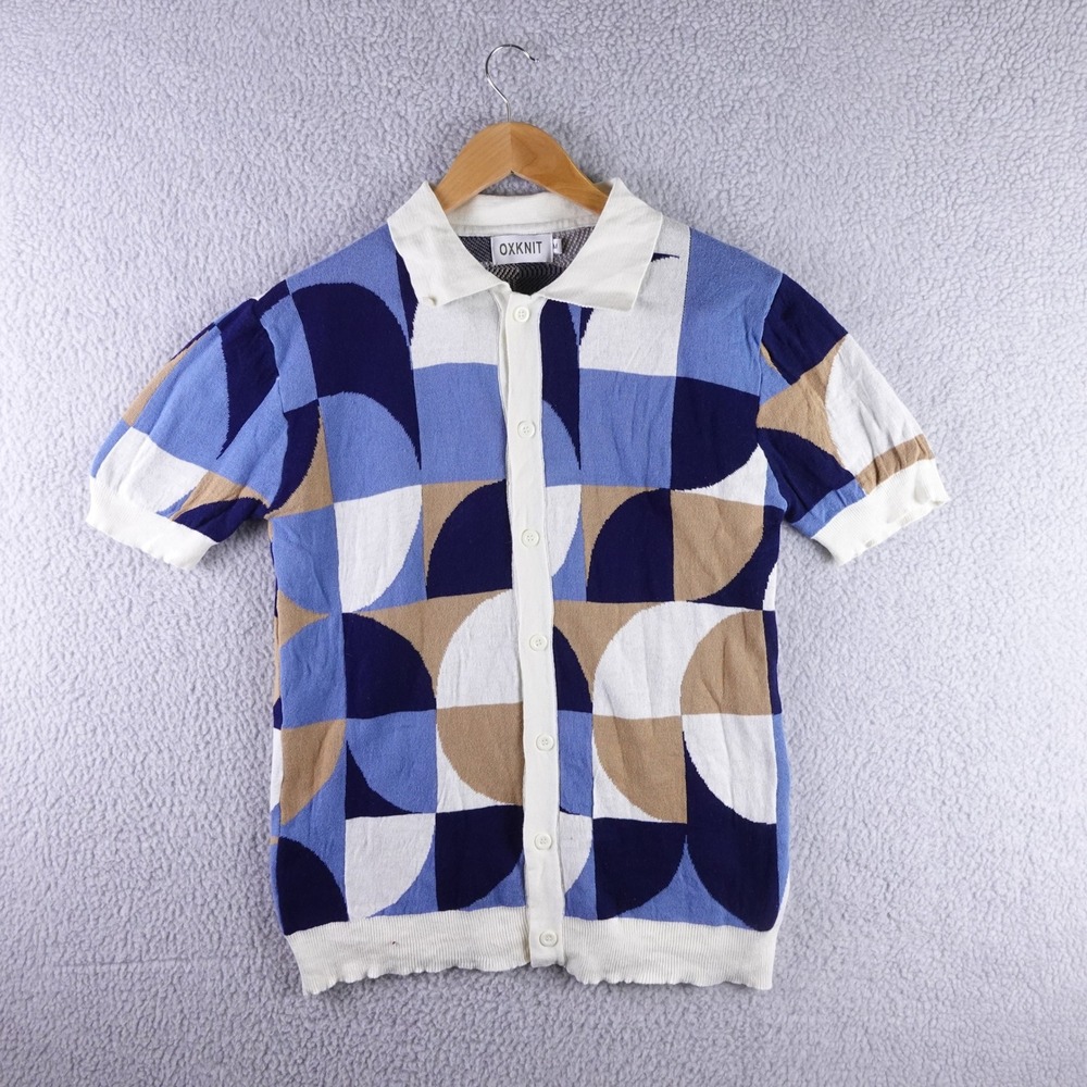 OXKNIT Mens Geometric Abstract Knit Polo Shirt Blue Tan White Short Sleeve M